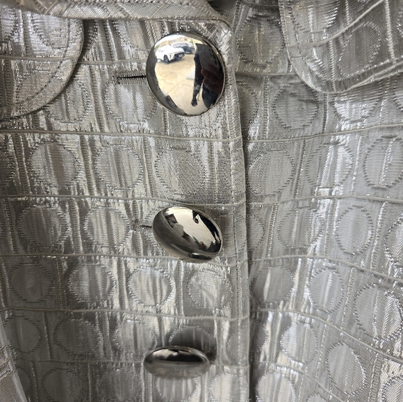 Cache Silver Jacket Women Sz M Shimmery Huge 3buttons Belted Sleveless Y2k Crop - Picture 3 of 16